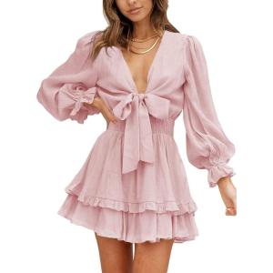 imageDokotoo Womens Casual Spring Fall 2025 Deep V Neck Knotted Tiered Chiffon Elegant Mini Short Swing Skater Dresses3 Pink2