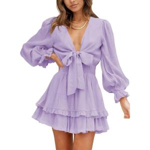 imageDokotoo Womens Casual Spring Fall 2025 Deep V Neck Knotted Tiered Chiffon Elegant Mini Short Swing Skater Dresses3 Purple