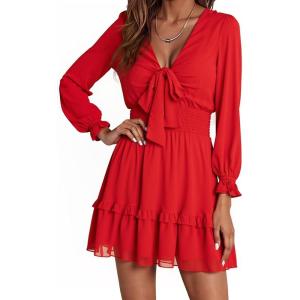imageDokotoo Womens Casual Spring Fall 2025 Deep V Neck Knotted Tiered Chiffon Elegant Mini Short Swing Skater Dresses3 Red 2