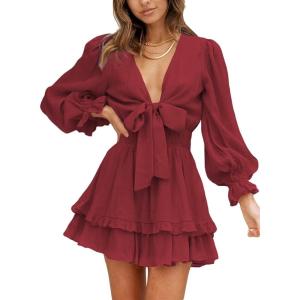imageDokotoo Womens Casual Spring Fall 2025 Deep V Neck Knotted Tiered Chiffon Elegant Mini Short Swing Skater Dresses3 Red