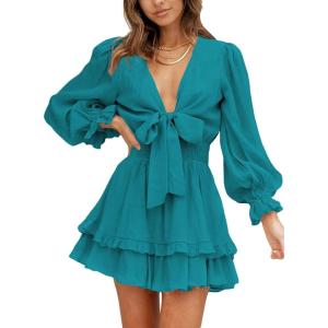 imageDokotoo Womens Casual Spring Fall 2025 Deep V Neck Knotted Tiered Chiffon Elegant Mini Short Swing Skater Dresses3 Turquoise