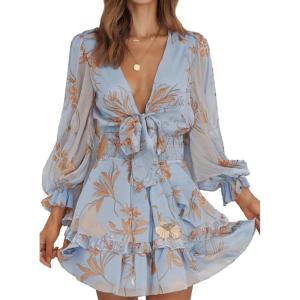 imageDokotoo Womens Casual Spring Fall 2025 Deep V Neck Knotted Tiered Chiffon Elegant Mini Short Swing Skater Dresses4 Blue