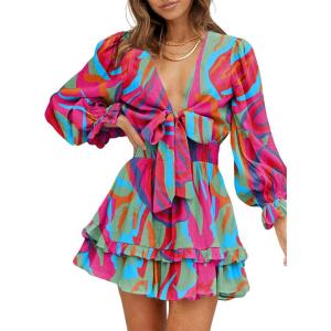 imageDokotoo Womens Casual Spring Fall 2025 Deep V Neck Knotted Tiered Chiffon Elegant Mini Short Swing Skater Dresses4 Multicolored 3