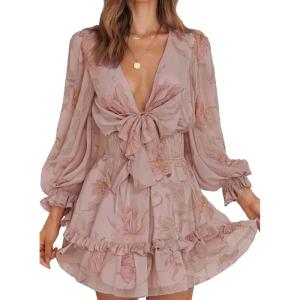 imageDokotoo Womens Casual Spring Fall 2025 Deep V Neck Knotted Tiered Chiffon Elegant Mini Short Swing Skater Dresses4 Pink