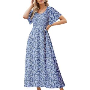 imageDokotoo Womens Dresses 2025 Square Neck Tie Backless Summer Dresses Cap Sleeve Floral Buttoned Empire Waist Maxi DressBlue