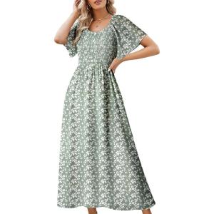 imageDokotoo Womens Dresses 2025 Square Neck Tie Backless Summer Dresses Cap Sleeve Floral Buttoned Empire Waist Maxi DressGreen