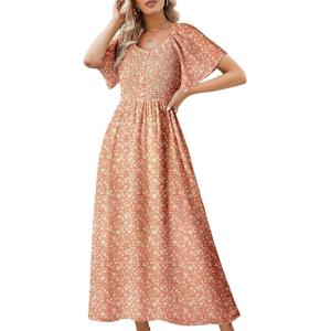 imageDokotoo Womens Dresses 2025 Square Neck Tie Backless Summer Dresses Cap Sleeve Floral Buttoned Empire Waist Maxi DressPink