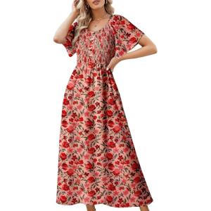 imageDokotoo Womens Dresses 2025 Square Neck Tie Backless Summer Dresses Cap Sleeve Floral Buttoned Empire Waist Maxi DressRed