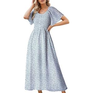 imageDokotoo Womens Dresses 2025 Square Neck Tie Backless Summer Dresses Cap Sleeve Floral Buttoned Empire Waist Maxi DressSky Blue