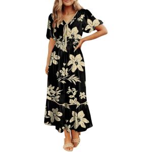 imageDokotoo Womens Dresses V Neck Empire Waist Dress Summer Spring Short Sleeve Elegant Flowy Long Floral Maxi DressBlack