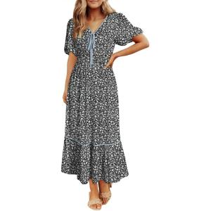 imageDokotoo Womens Dresses V Neck Empire Waist Dress Summer Spring Short Sleeve Elegant Flowy Long Floral Maxi DressBlack Floral