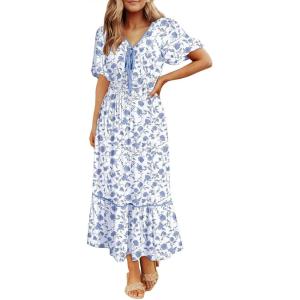 imageDokotoo Womens Dresses V Neck Empire Waist Dress Summer Spring Short Sleeve Elegant Flowy Long Floral Maxi DressSky Blue