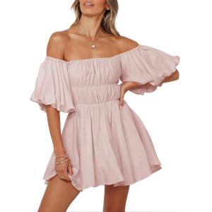 imageDokotoo Womens Off The Shoulder Summer Dresses 2025 Short Lantern Sleeve Ruffle Elastic Waist ALine Casual Mini DressA Pink