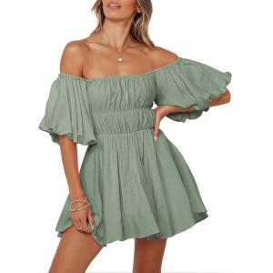 imageDokotoo Womens Off The Shoulder Summer Dresses 2025 Short Lantern Sleeve Ruffle Elastic Waist ALine Casual Mini DressB Grey