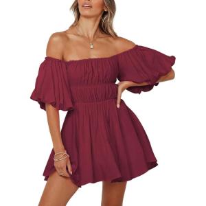 imageDokotoo Womens Off The Shoulder Summer Dresses 2025 Short Lantern Sleeve Ruffle Elastic Waist ALine Casual Mini DressD Red