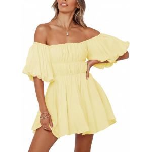 imageDokotoo Womens Off The Shoulder Summer Dresses 2025 Short Lantern Sleeve Ruffle Elastic Waist ALine Casual Mini DressD Yellow