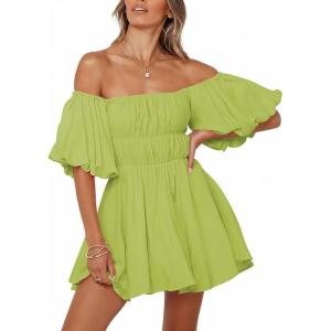 imageDokotoo Womens Off The Shoulder Summer Dresses 2025 Short Lantern Sleeve Ruffle Elastic Waist ALine Casual Mini DressD1 Green