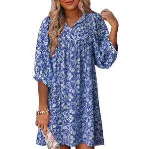 imageDokotoo Womens Summer Dresses 2025 Boho Floral Drawstring V Neck Chiffon Lantern Sleeve Beach Vacation Mini Dress SundressBlue