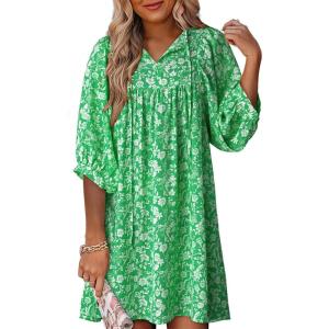 imageDokotoo Womens Summer Dresses 2025 Boho Floral Drawstring V Neck Chiffon Lantern Sleeve Beach Vacation Mini Dress SundressGreen