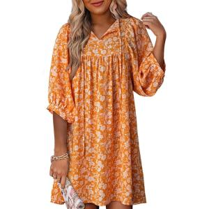 imageDokotoo Womens Summer Dresses 2025 Boho Floral Drawstring V Neck Chiffon Lantern Sleeve Beach Vacation Mini Dress SundressOrange