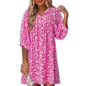 imageDokotoo Womens Summer Dresses 2025 Boho Floral Drawstring V Neck Chiffon Lantern Sleeve Beach Vacation Mini Dress SundressRose