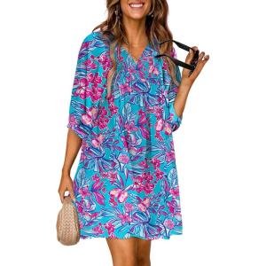 imageDokotoo Womens Summer Dresses 2025 Boho Floral Drawstring V Neck Chiffon Lantern Sleeve Beach Vacation Mini Dress SundressSky Blue