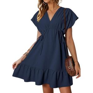 imageDokotoo Womens Summer Dresses 2025 Short Sleeve V Neck Empire Waist Drawstring Casual Ruffle ALine Swing Mini Babydoll DressBlue