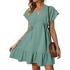 imageDokotoo Womens Summer Dresses 2025 Short Sleeve V Neck Empire Waist Drawstring Casual Ruffle ALine Swing Mini Babydoll DressGrass Green