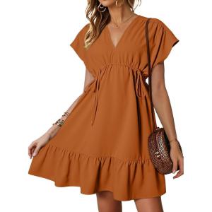 imageDokotoo Womens Summer Dresses 2025 Short Sleeve V Neck Empire Waist Drawstring Casual Ruffle ALine Swing Mini Babydoll DressOrange