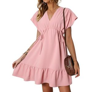 imageDokotoo Womens Summer Dresses 2025 Short Sleeve V Neck Empire Waist Drawstring Casual Ruffle ALine Swing Mini Babydoll DressPink