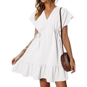 imageDokotoo Womens Summer Dresses 2025 Short Sleeve V Neck Empire Waist Drawstring Casual Ruffle ALine Swing Mini Babydoll DressWhite