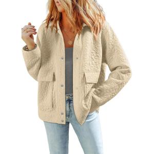 imageDokotoo Jackets for Women Casual Long Sleeve Collared Jacquard Coats Trendy Button Down Shacket Jacket with PocketsBeige
