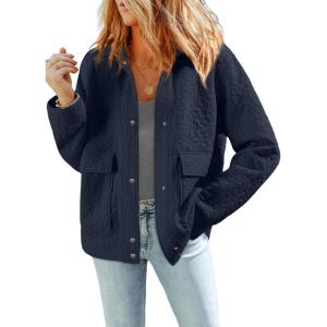 imageDokotoo Jackets for Women Casual Long Sleeve Collared Jacquard Coats Trendy Button Down Shacket Jacket with PocketsBlue