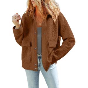 imageDokotoo Jackets for Women Casual Long Sleeve Collared Jacquard Coats Trendy Button Down Shacket Jacket with PocketsBrown
