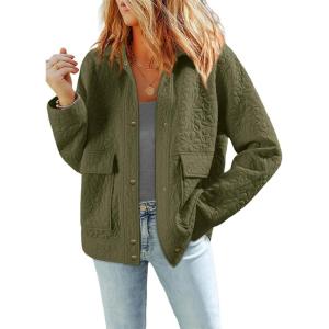 imageDokotoo Jackets for Women Casual Long Sleeve Collared Jacquard Coats Trendy Button Down Shacket Jacket with PocketsGreen