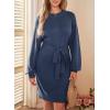 imageDokotoo Womens 2025 Fall Sweater Dress Crewneck Long Sleeve Empire Waist Ribbed Knit Mini Dress with BeltNavy Blue