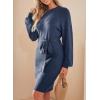 imageDokotoo Womens 2025 Fall Sweater Dress Crewneck Long Sleeve Empire Waist Ribbed Knit Mini Dress with BeltNavy Blue