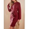 imageDokotoo Womens 2025 Fall Sweater Dress Crewneck Long Sleeve Empire Waist Ribbed Knit Mini Dress with BeltRed