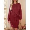 imageDokotoo Womens 2025 Fall Sweater Dress Crewneck Long Sleeve Empire Waist Ribbed Knit Mini Dress with BeltRed