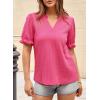 imageDokotoo Womens Summer Short Puff Sleeves Blouses Shirts V Neck Cute Solid Knit Textured Casual Regular Fit TopsStrawberry Pink