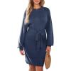 imageDokotoo Womens 2025 Fall Sweater Dress Crewneck Long Sleeve Empire Waist Ribbed Knit Mini Dress with BeltNavy Blue