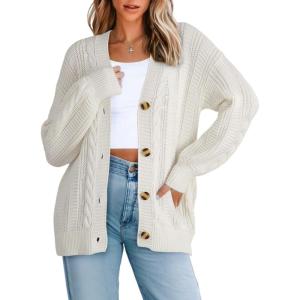 imageDokotoo Cardigan Sweaters for Women Casual Long Sleeve Button Down Chunky Knit Open Front Sweater TopsWhite