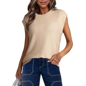 imageDokotoo Sweater Vest Women Casual Crewneck Sleeveless Sweaters for Women Solid Loose Cable Knit Tank TopsBeige