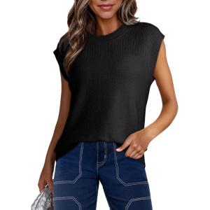 imageDokotoo Sweater Vest Women Casual Crewneck Sleeveless Sweaters for Women Solid Loose Cable Knit Tank TopsBlack