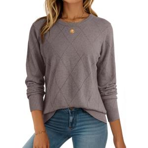 imageDokotoo Sweaters for Women Long Sleeve Wool Blend Crewneck Diamond Hollow Out Lightweight Soft Fall Pullover Sweater TopsCoffee