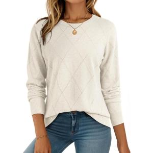 imageDokotoo Sweaters for Women Long Sleeve Wool Blend Crewneck Diamond Hollow Out Lightweight Soft Fall Pullover Sweater TopsWhite