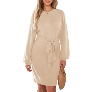 imageDokotoo Womens 2025 Fall Sweater Dress Crewneck Long Sleeve Empire Waist Ribbed Knit Mini Dress with BeltApricot