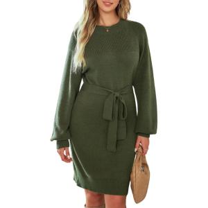 imageDokotoo Womens 2025 Fall Sweater Dress Crewneck Long Sleeve Empire Waist Ribbed Knit Mini Dress with BeltGreen