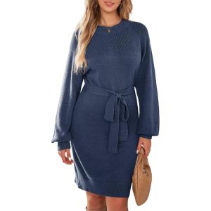 imageDokotoo Womens 2025 Fall Sweater Dress Crewneck Long Sleeve Empire Waist Ribbed Knit Mini Dress with BeltNavy Blue