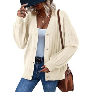 imageDokotoo Womens Cardigan Sweaters 2025 Fall Casual Button Down Cuffed Long Sleeve Ribbed Knit Sweater TopsBeige